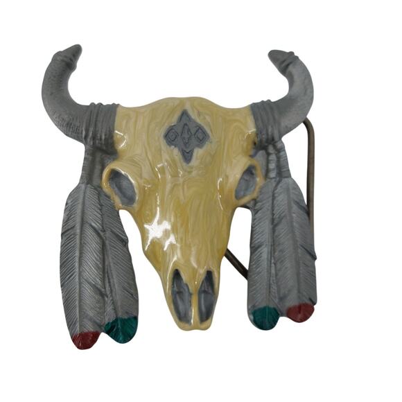 Western Skull Feather Boho Cowboy Rodeo Festival Belt Buckle - Picture 1 of 13